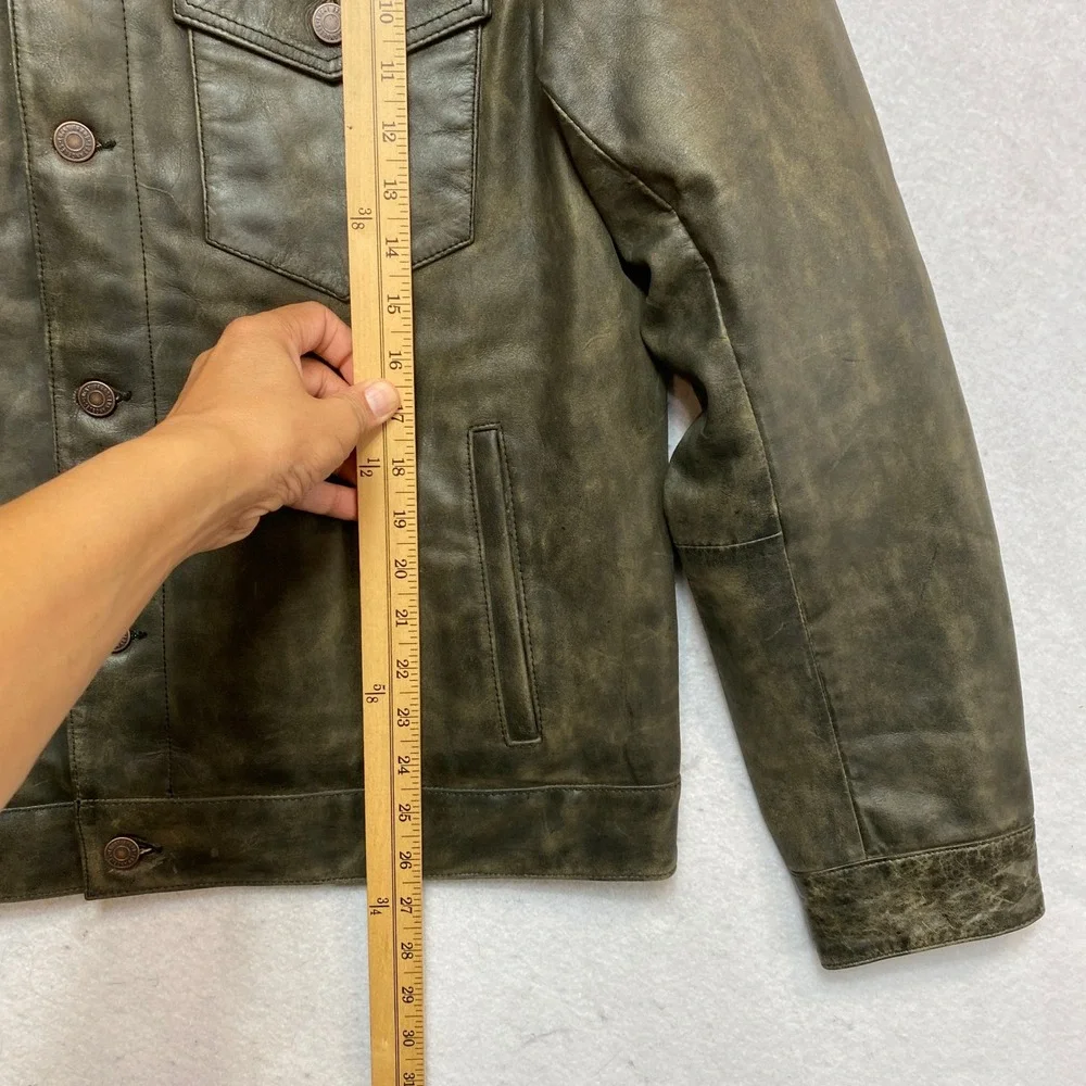 Lucky Brand Leather Trucker Jacket Mens M Olive Green Distressed Quilted Lining